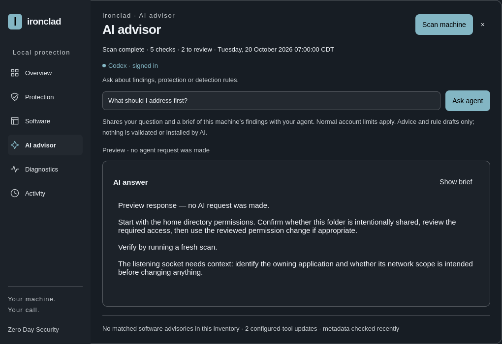 Real Ironclad AI advisor interface showing an illustrative explanation and reviewed next steps.