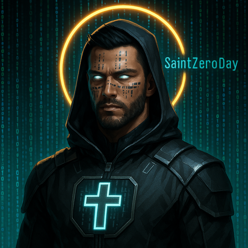 Saint Zero Day, the approved hooded character with a gold halo.